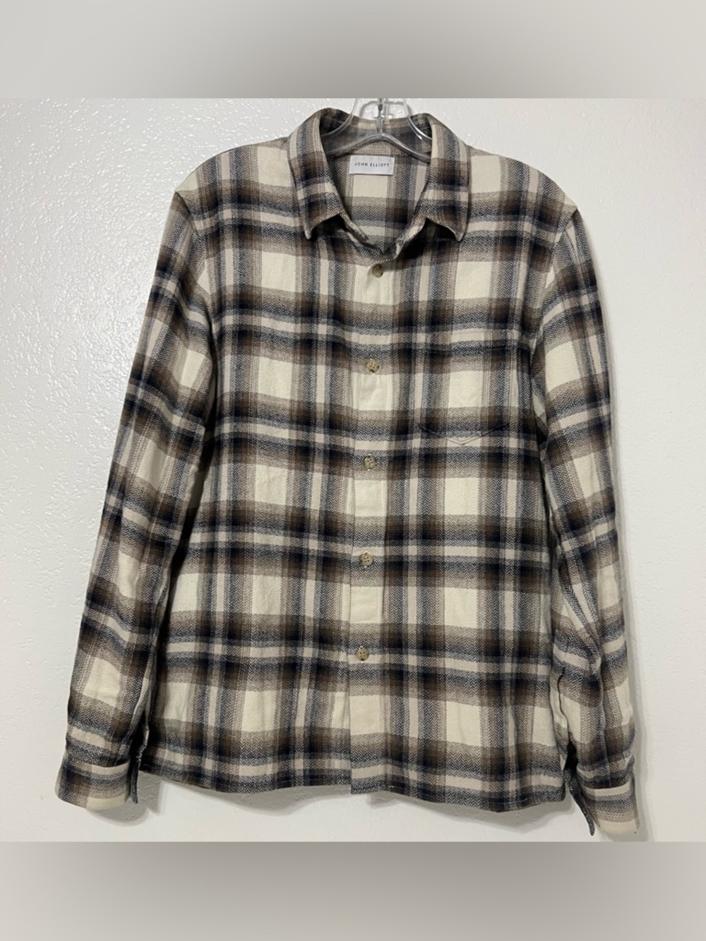 John Elliott Plaid Flannel Shirt Beige Brown Minimalist Luxury Streetwear